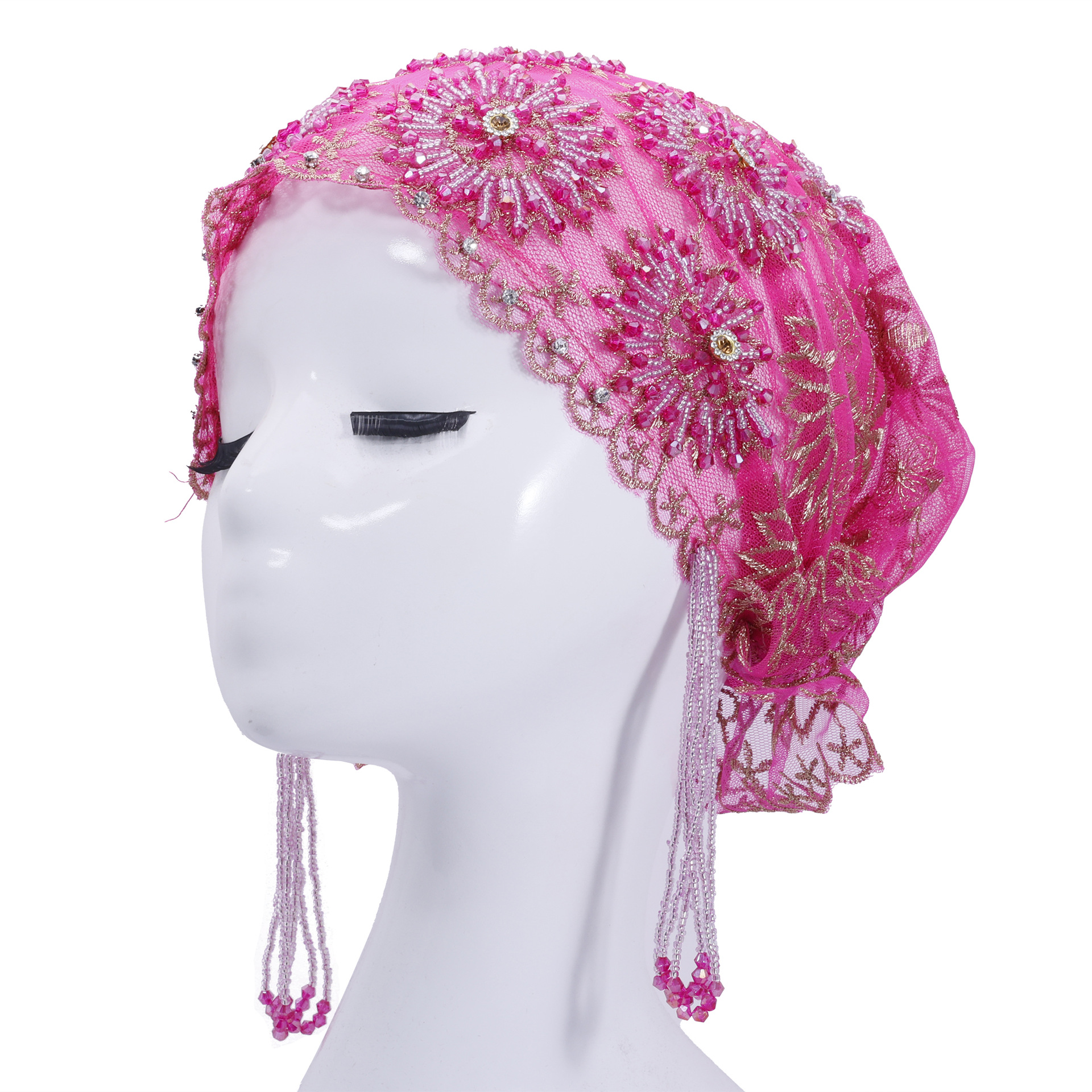 Chapeau Hijab pour Femme, Mode Africaine, Tissu Dentelle, Perles, Diamants, Broderie, Foulard, Écharpe Violette Rose, Châle Musulman, Chapeaux