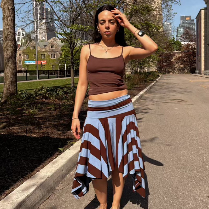 Jupe rayée pour femmes, jupe d'été asymétrique à taille haute avec volants, jupe midi bleue décontractée pour fête, streetwear pour femmes