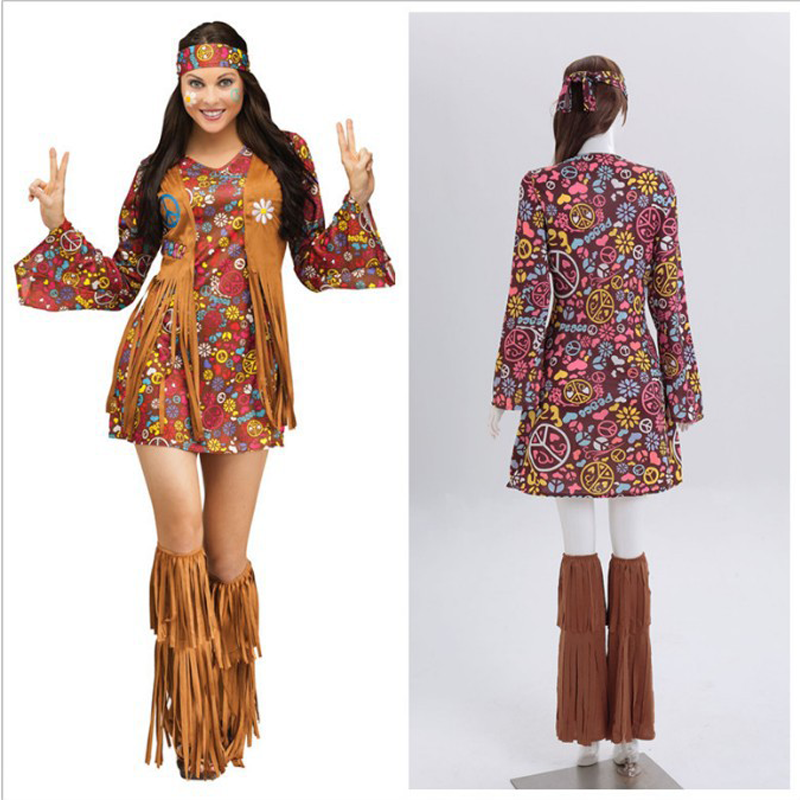 Ensemble de tenue hippie rétro pour femmes, robe à manches évasées imprimée, tenue de fête pour Halloween, carnaval et festival de musique, ensemble de 4 pièces