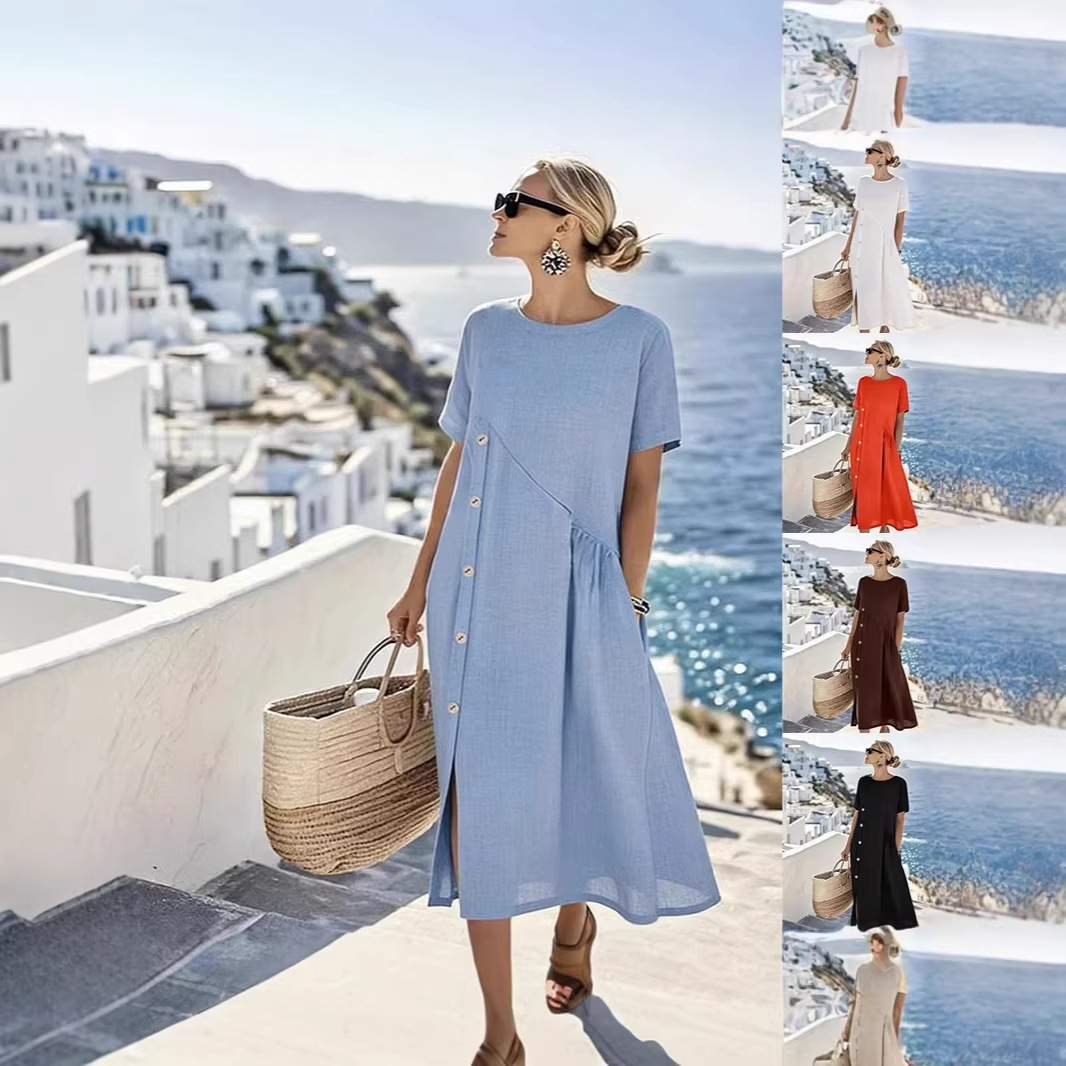 Robes pour femmes 2026 Nouveauté décontractée avec boutons décoratifs, poches pliables, col rond, couleur unie, robes longues, vêtements pour femmes, vestidos
