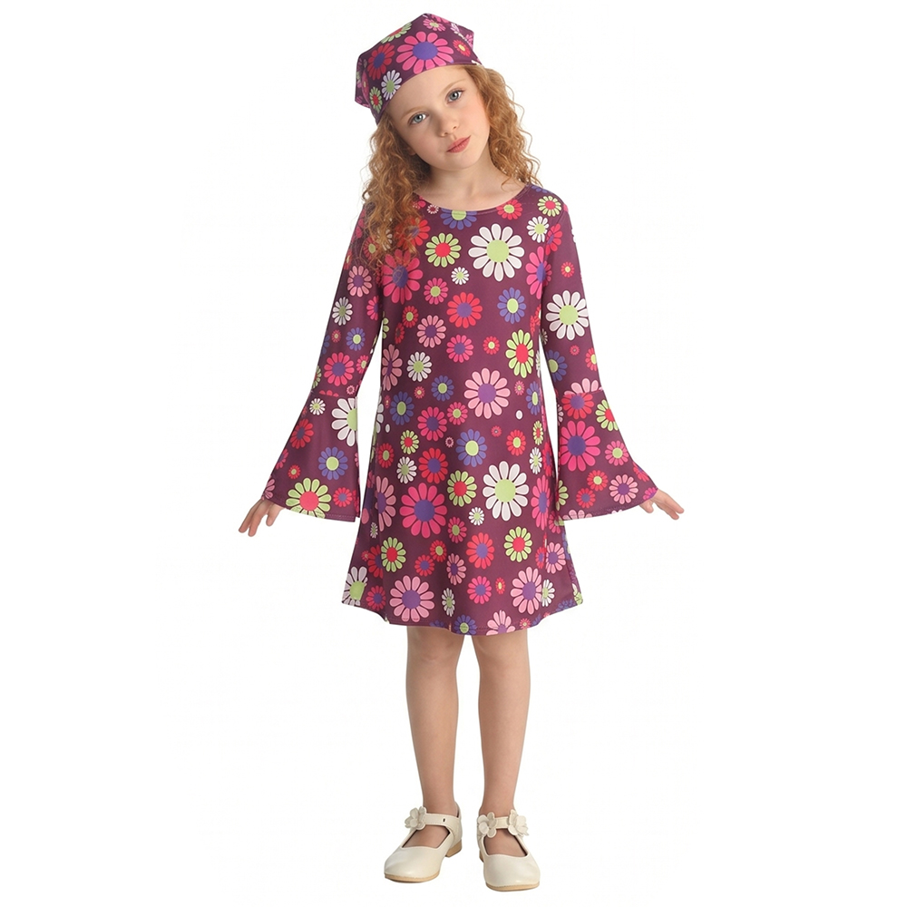 Tenue bohème hippie pour enfants, années 60, années 70, imprimé floral, costume de déguisement, costume d'Halloween pour jeux de rôle et fêtes