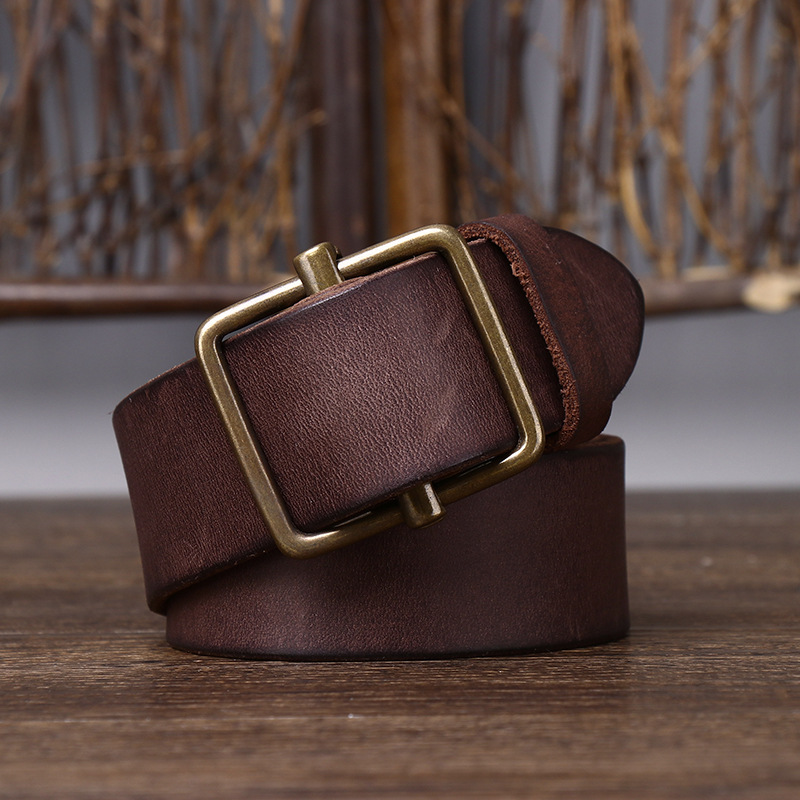Nouvelle ceinture en cuir non perforée pour homme, boucle lisse, couche supérieure en cuir de vachette, ceinture en jean rétro simple et polyvalente