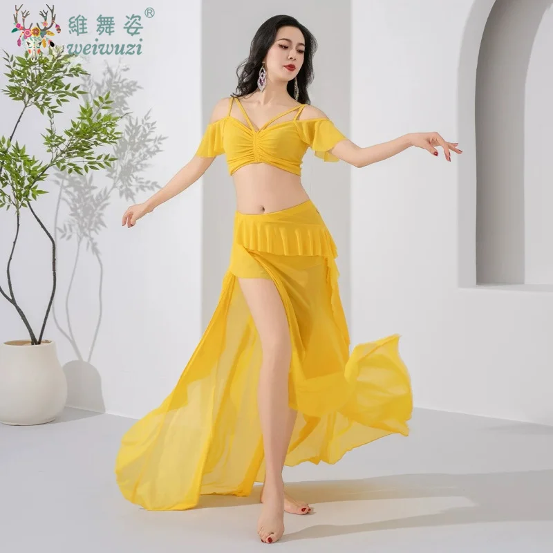 Nouvel ensemble de costumes de danse du ventre pour femmes, vêtements d'été doux et confortables, haut + jupe, tenue d'entraînement de danse folklorique orientale