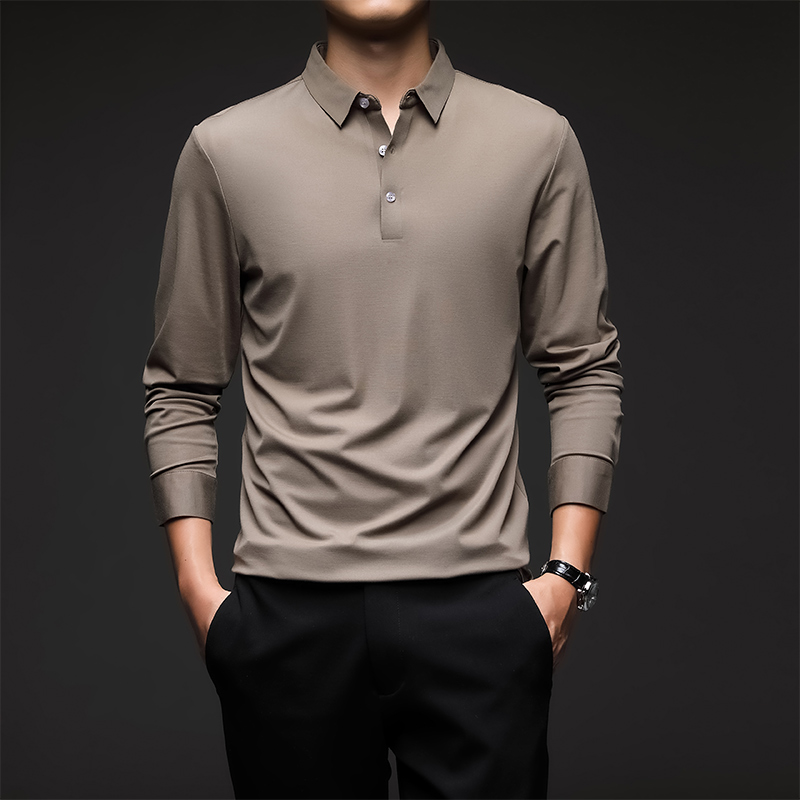 Minglu – Polo à manches longues en soie pour homme, haut de luxe, couleur unie, style décontracté, idéal pour le Golf, le printemps et l'automne