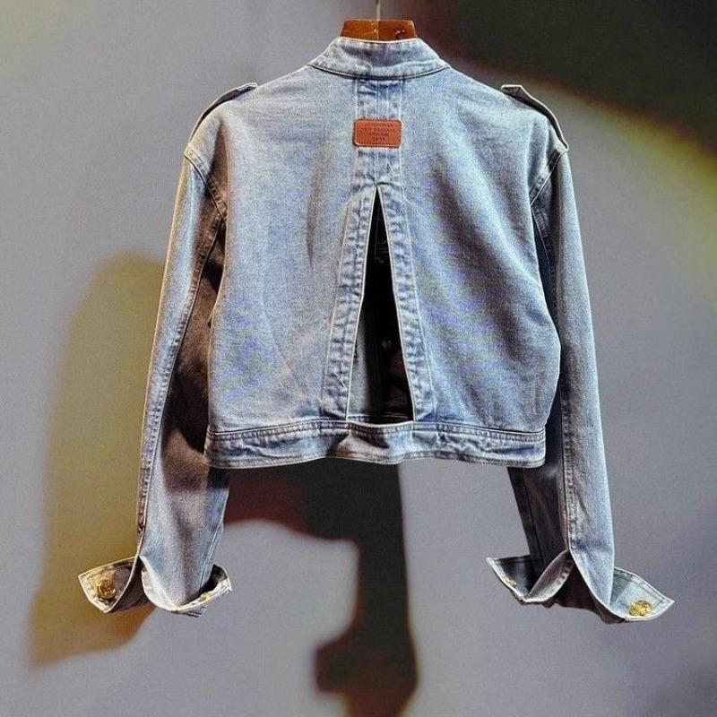 Blouson en jean court rétro pour femme avec boucle dorée distinctive – Nouvelle collection confortable, minimaliste, tendance et polyvalente
