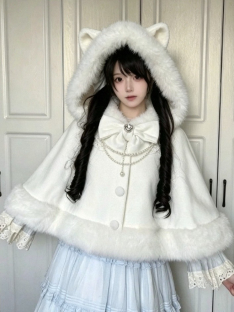 Ponchos à volants et nœuds japonais pour femmes, style Lolita, doux et kawaii, capes, manteaux vintage, vêtements d'extérieur chauds et confortables pour l'automne et l'hiver.