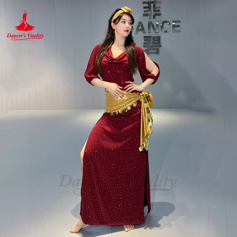 Ensemble de olympiques de performance de danse du ventre pour femmes, robe en coton à demi-manches, coiffure, ceinture, robes de performance Shabbi Baladi, 3 pièces