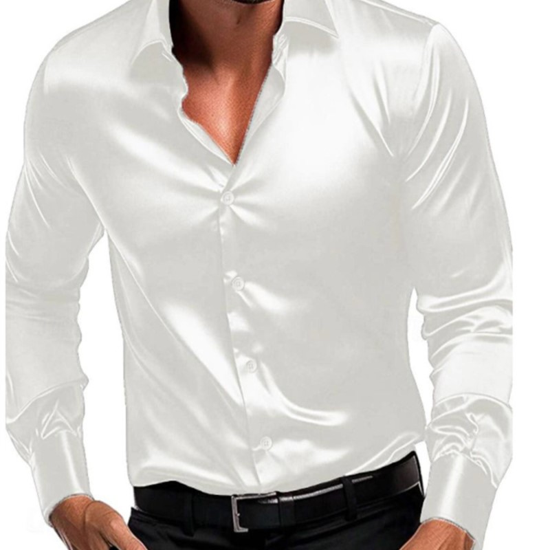 Chemises d'affaires décontractées en Satin de soie pour hommes, manches longues, simple boutonnage, boutons, col rabattu, vêtements de fête de mariage, chemisier