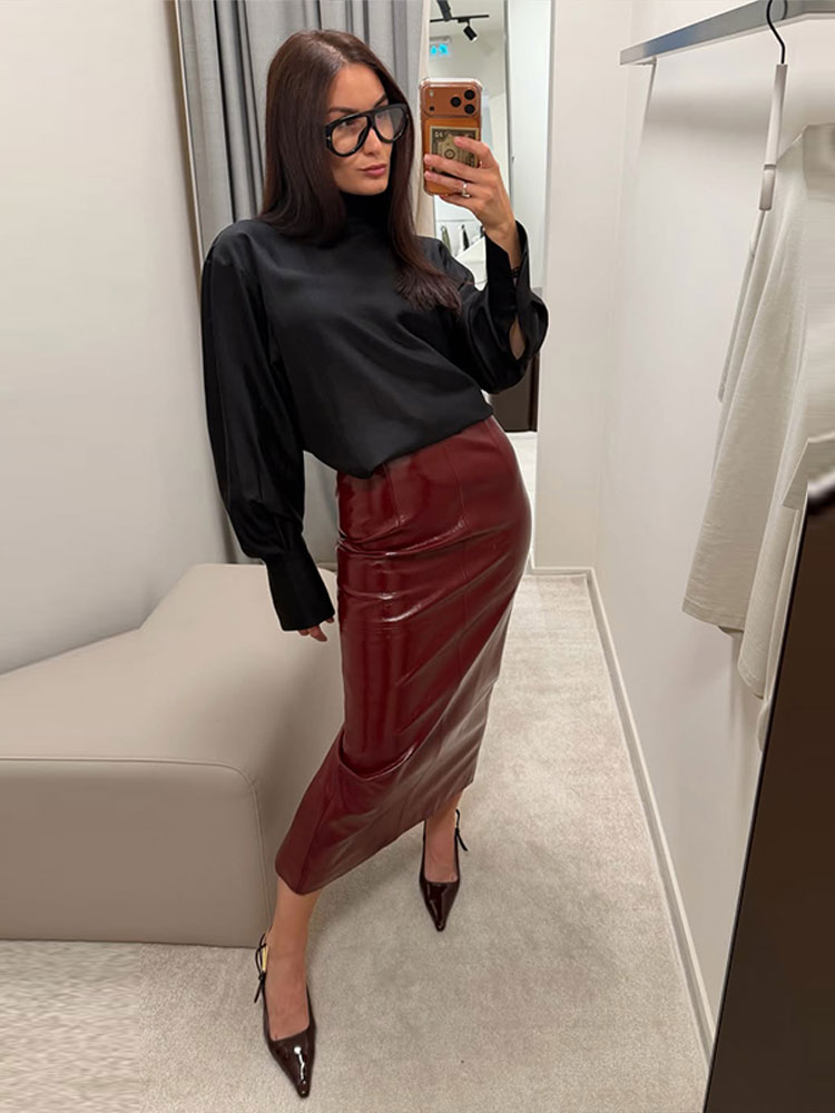 Ensemble 2 pièces pour femmes, veste zippée en simili cuir ciré brillant et jupe mi-longue fendue taille haute, ensemble assorti streetwear d'automne