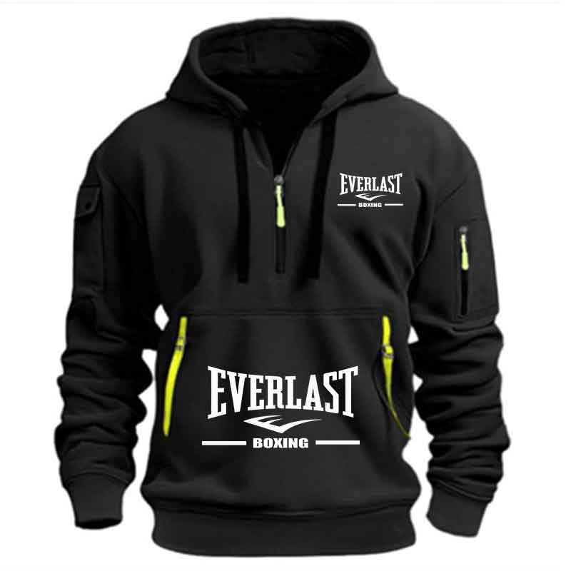 Sweat à capuche décontracté pour hommes, multi-poches, sport, manches longues, imprimé, chaud, demi-fermeture éclair, pull de Fitness, bon