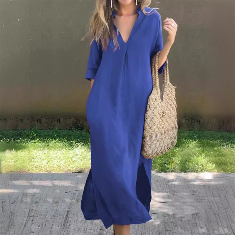 Femmes été coton lin couleur unie robes col en V profond pull robe ample femme sept-quarts manches ourlet fendu robe décontractée