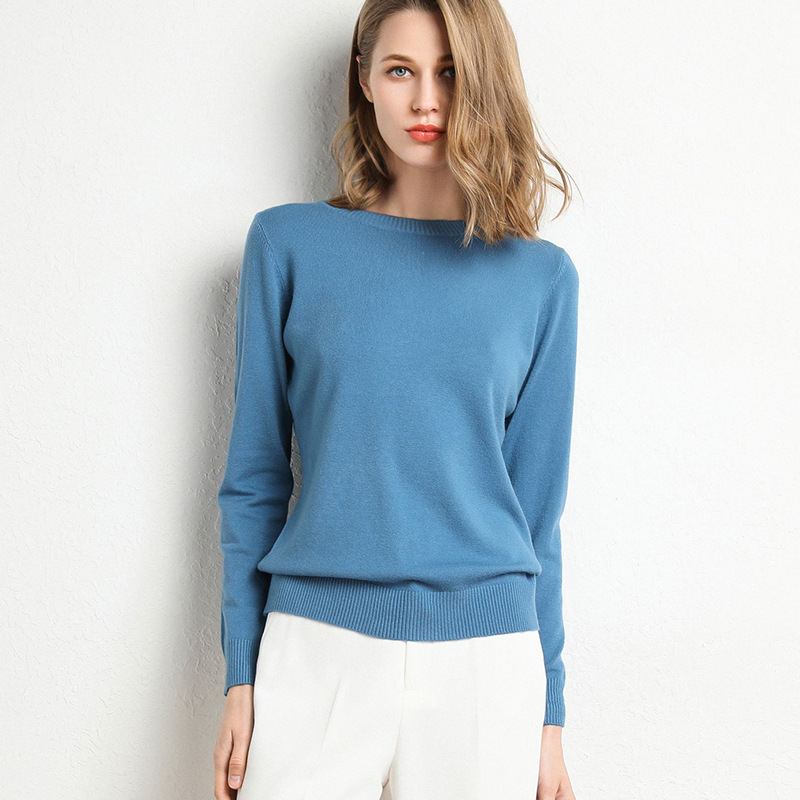 Pull Slim à col rond pour femme, couleur unie, mélange de laine et cachemire, chemise à manches longues en tricot, grande taille, automne et hiver