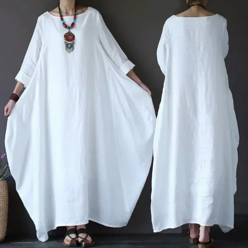 Robe d'été fine en coton et lin pour femmes, manches longues, style Boho, couleur unie, caftan Vintage