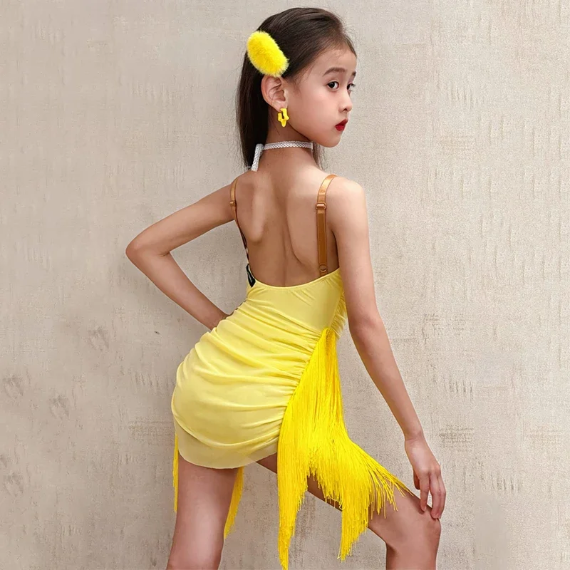 Robe de danse latine pour enfants, col licou, Costume pour filles, Chacha Samba Rumba, jupe à franges, vêtements de danse pour spectacle sur scène