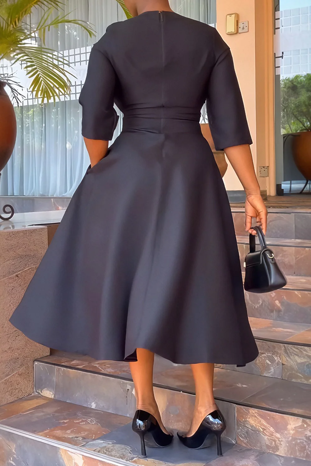 Robe noire élégante pour femmes, col rond, manches 3/4, poches, Vintage, contraste, robes mi-longues, vêtements d'automne