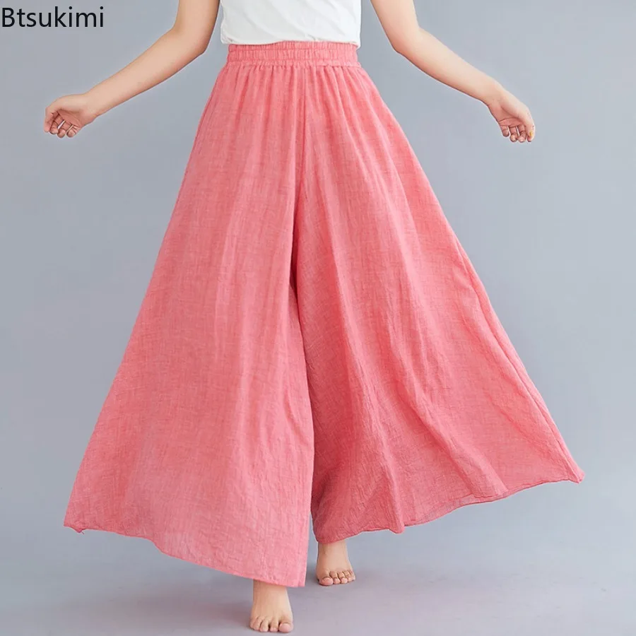 Pantalon décontracté style ethnique 2026, nouveau pantalon large en coton et lin, culotte unie, confortable et polyvalent, style vintage pour femme