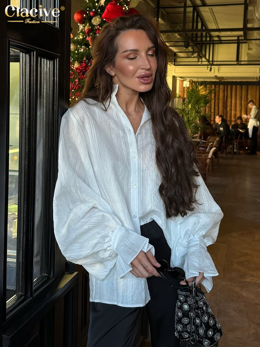 Clacive mode ample blanc coton femmes chemise 2025 décontracté revers à manches longues chemises élégant classique solide haut femme vêtements