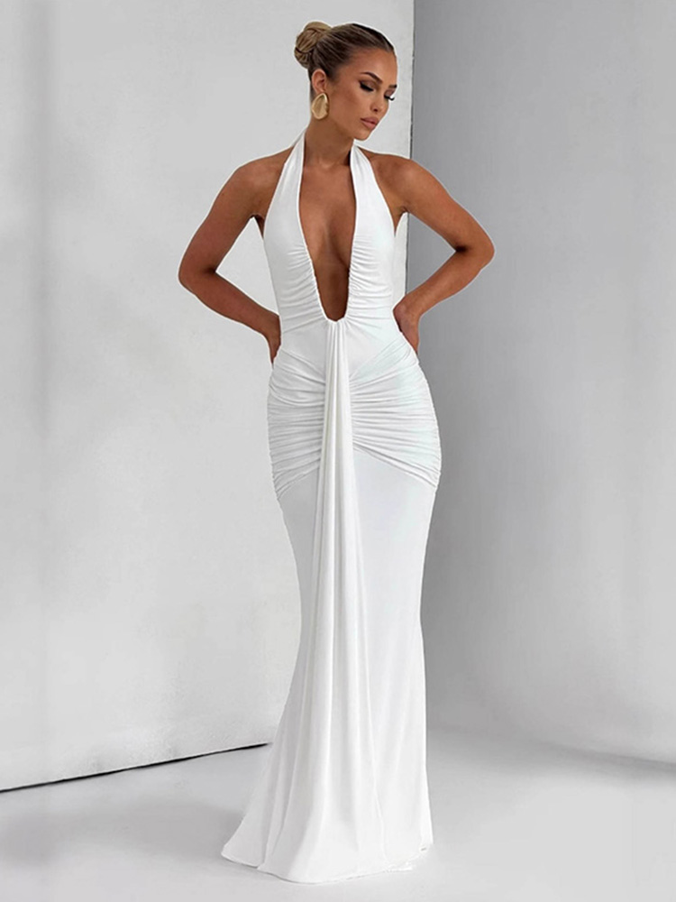 Col en V profond drapé froncé Sexy robe Maxi femmes mode d'été licou sans manches dos nu Club fête longue robe élégante