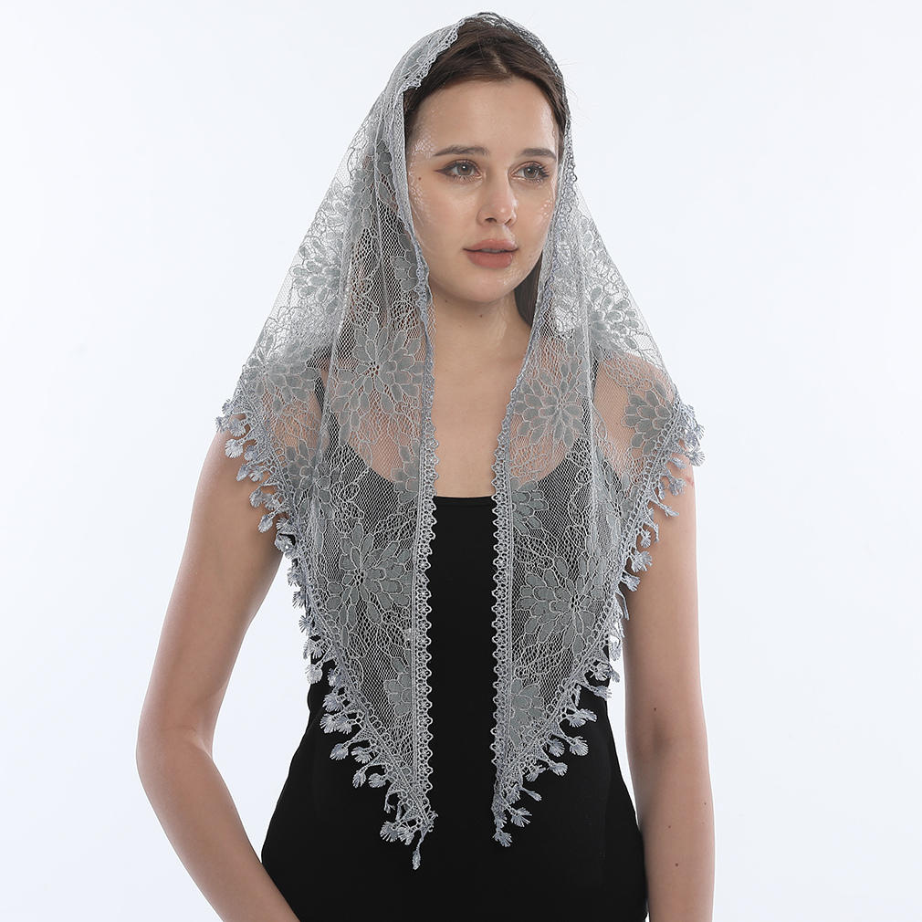 Foulard Triangle en dentelle pour femmes, châles brodés floraux, musulman, chrétien, voile de luxe, Hijab, couleur unie, glands, bandeau