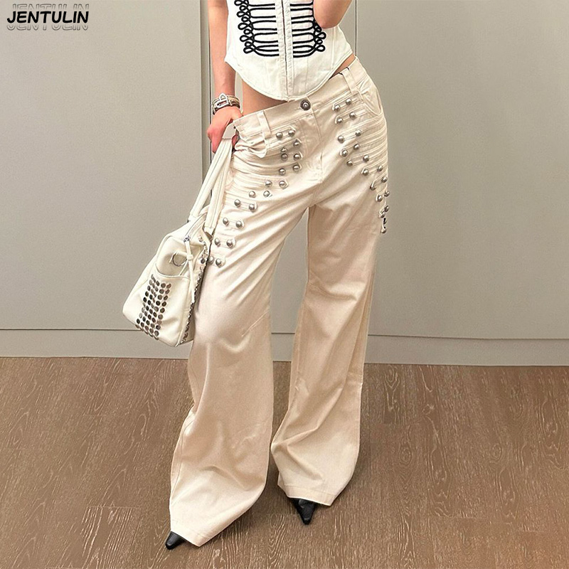 Pantalon en jean pour femme, style rétro américain, avec boucle métallique, nouvelle collection été, coupe ample et large, longueur au sol, style urbain et séduisant