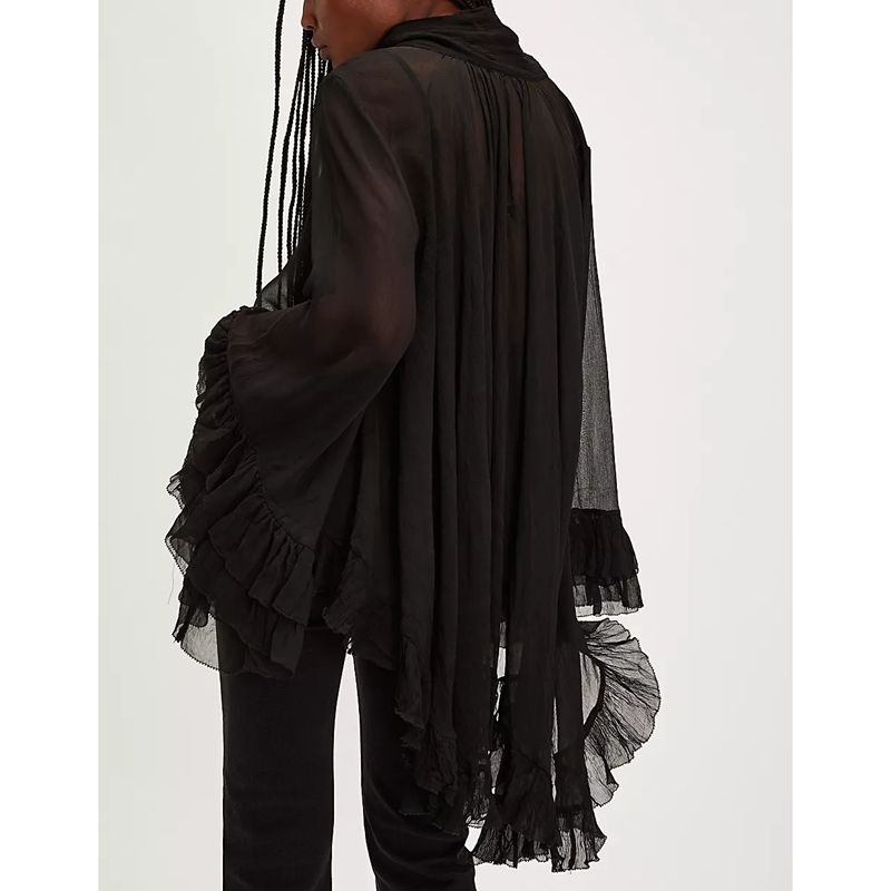 Femmes Chic irrégulière ourlet à volants Cape haut nœud noué cou chemises couleur unie voir à travers coupe ample à manches longues Blouses