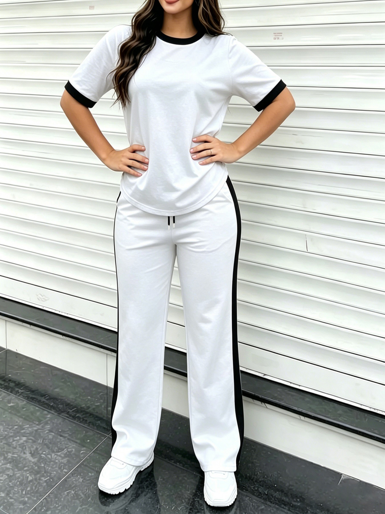Tenue décontractée polyvalente pour tous les jours, ensemble deux pièces pour femmes de couleur unie, costume pour femmes ample et flatteur, ensemble de jogging à manches courtes et pantalon long, jeune et rajeunissant