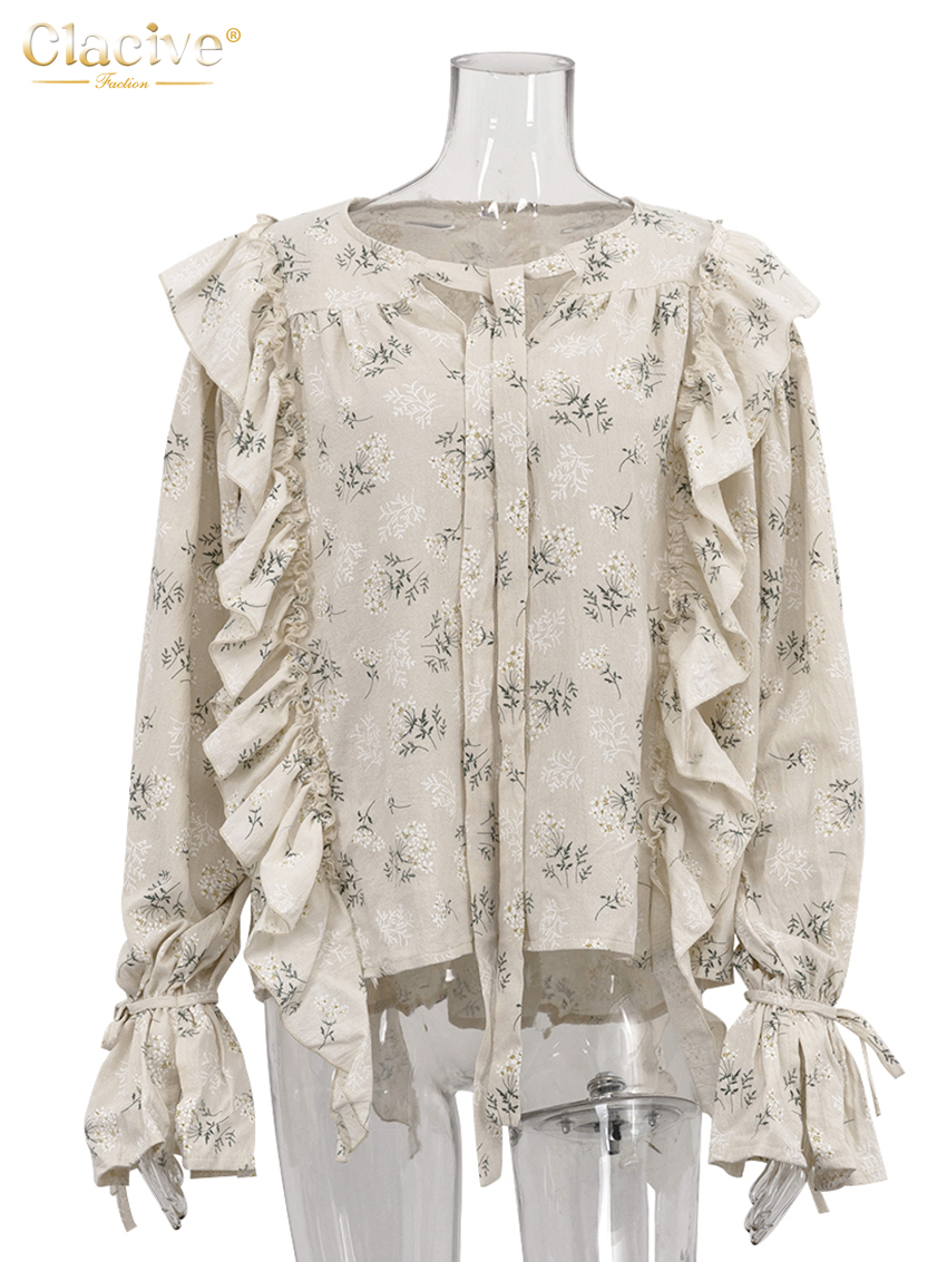 Clacive mode ample imprimé chemise pour femme 2025 décontracté col rond à manches longues chemises élégant classique à volants hauts vêtements féminins