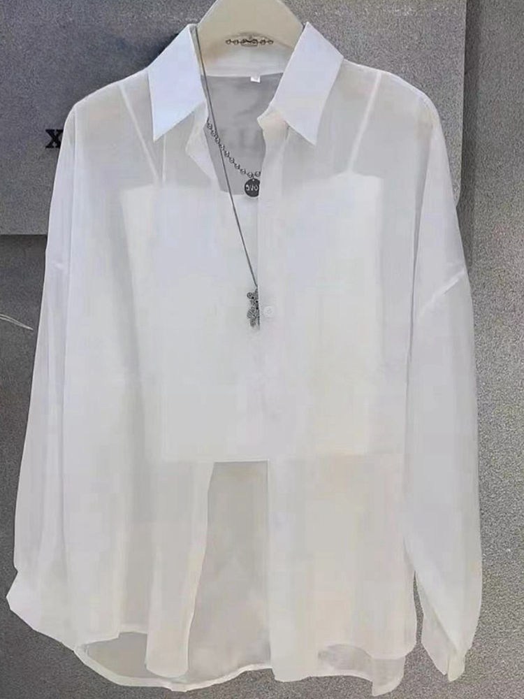 Hauts grande taille pour femmes, chemisiers d'été en mousseline de soie glacée, respirants et résistants au soleil, boutons fins, amples et transparents, chemises à manches longues, 2025