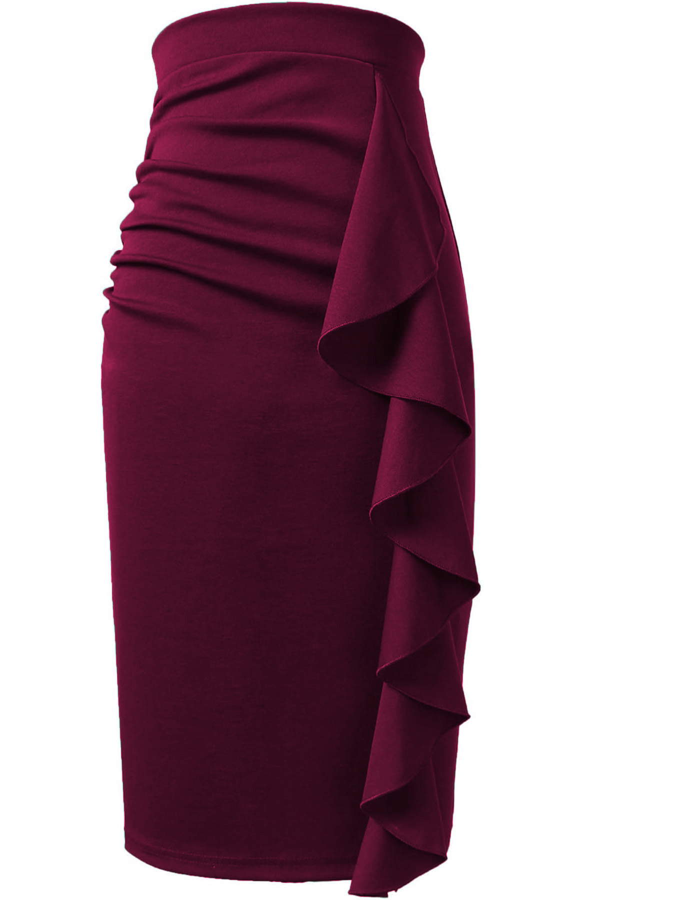 Jupe décontractée taille haute pour femme, style ajusté, longueur genou, avec volants et fente latérale, idéale pour le travail