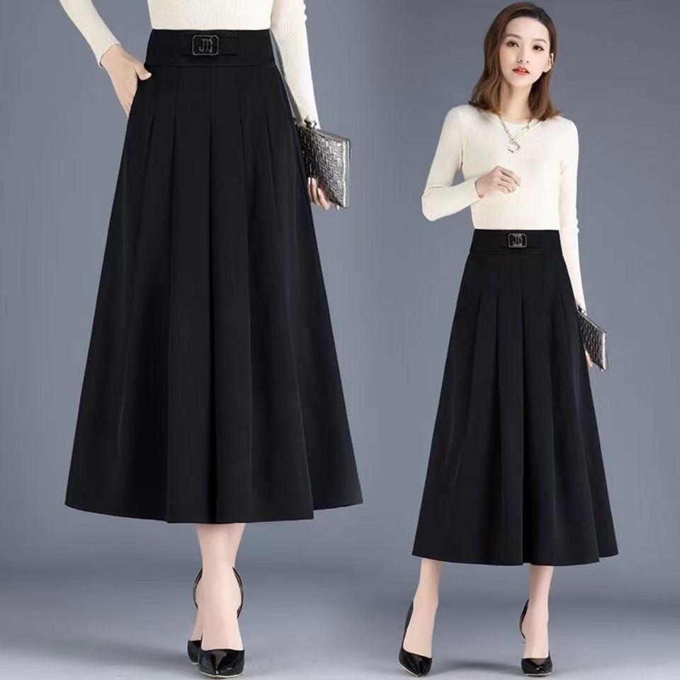 New Skirt Mid-length A-line Pleated Fashionable and Elegant Solid Color Versatile Casual High-waisted Large Hem Skirt