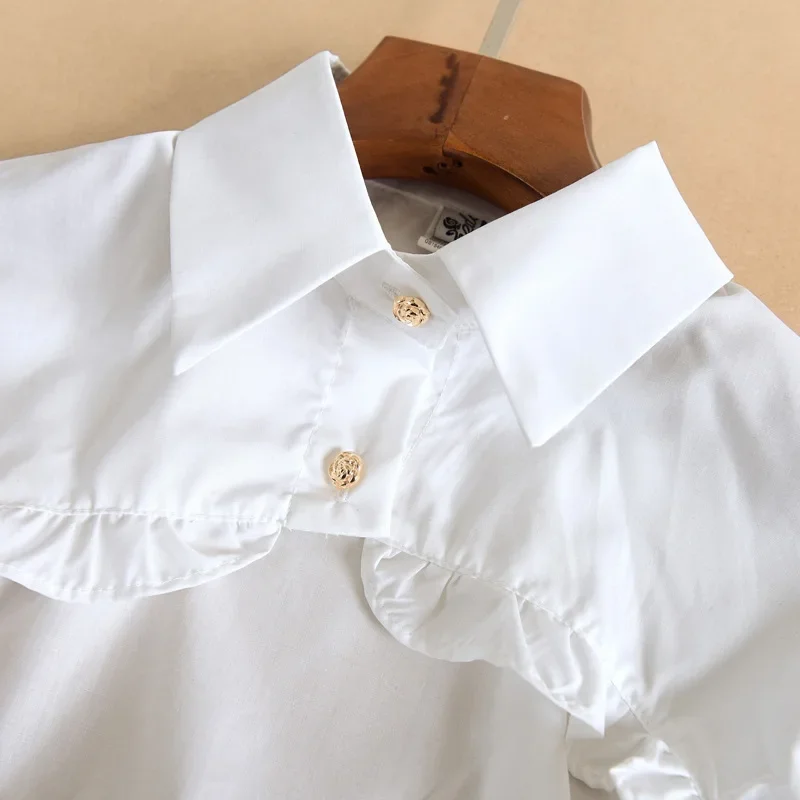 T-shirt manches longues bouffantes pour femmes, haut court, chemisier, bouton à volants, col étalé détachable, pull, accessoires décoratifs