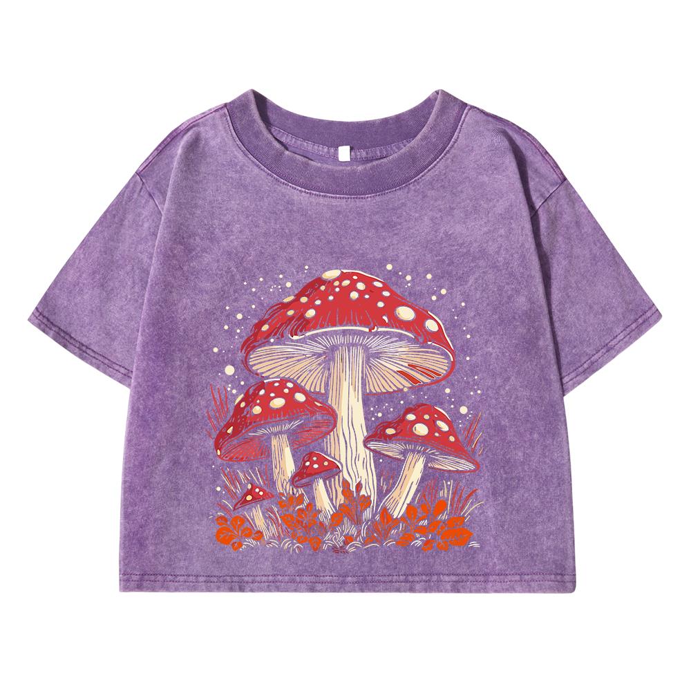 Hauts courts en coton pour femmes, tendance, col rond, T-Shirts délavés en détresse, champignon rouge, personnalité graphique imprimé, vêtements de rue