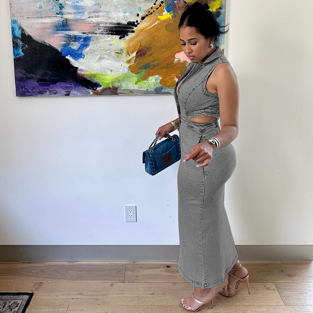 Robe en jean pour femme, sexy, sans manches, à col revers, avec fente et découpes, style mode