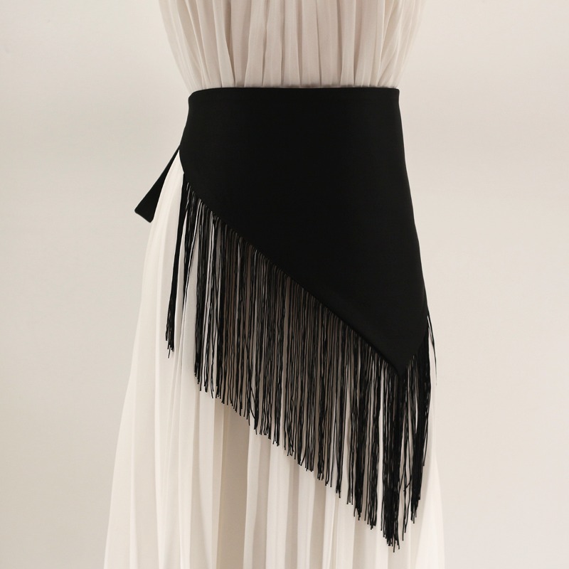 Ceinture de taille élégante en tissu noir pour femmes, avec pompons à franges, pour robes, chemises et jupes, couverture de taille pour femmes