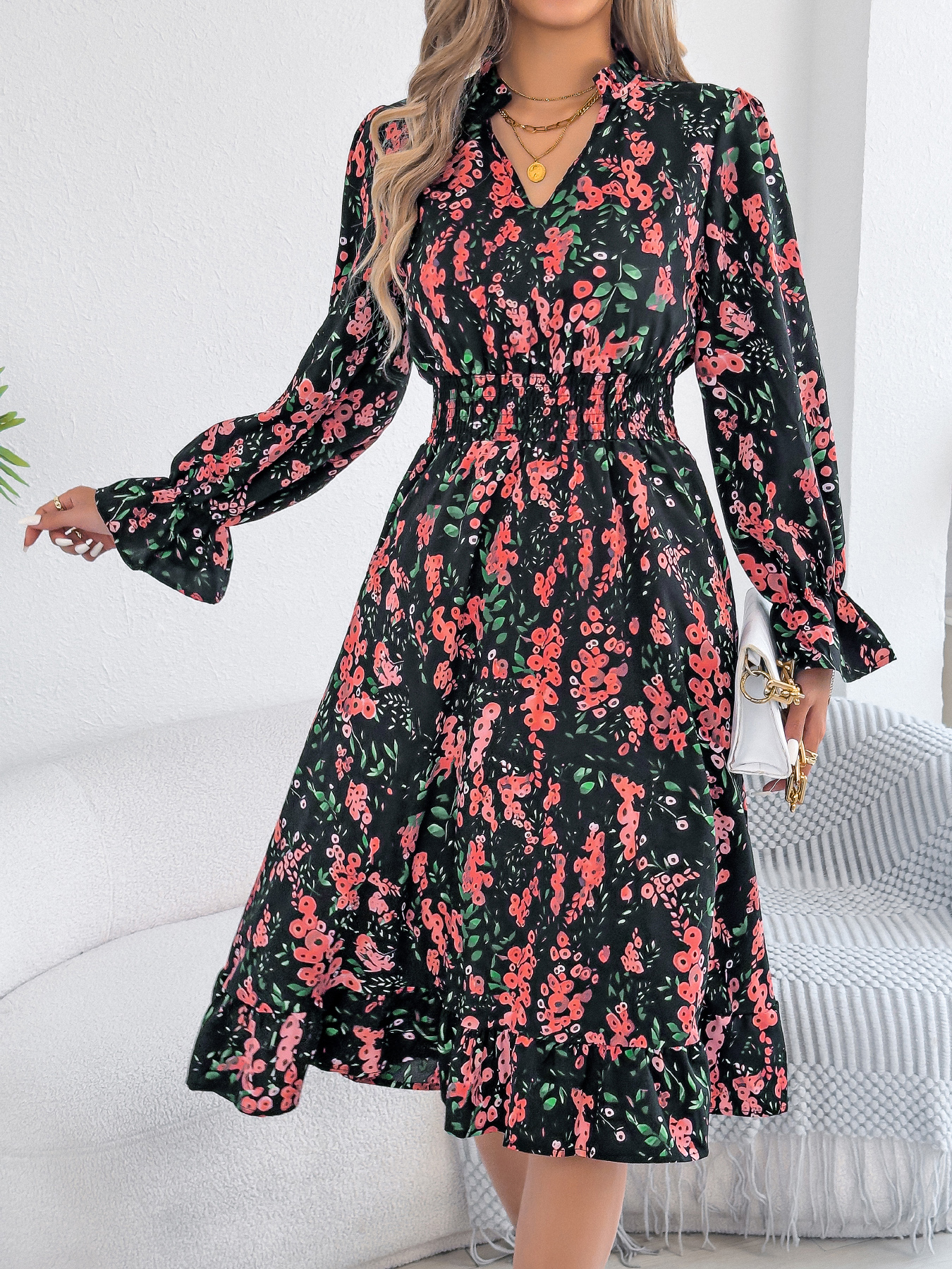 Robes élégantes à imprimé floral pour femmes, collection automne-hiver 2026, décontractées, col en V, manches longues évasées, robe trapèze à volants