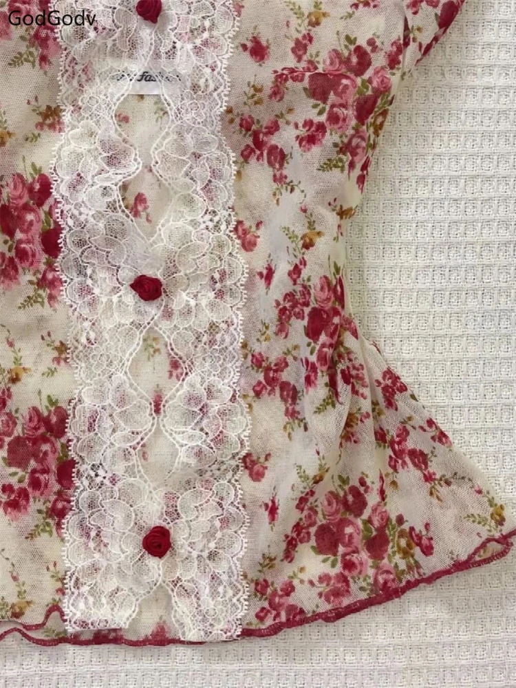 2025 été femme Floral licou dentelle Blouse 2025 Vintage Sexy Slim Fit fée mode coréenne femme hauts tenues Style élégant