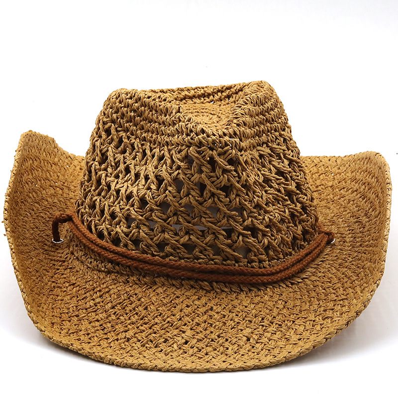 Chapeau de cowboy à grande avant-toit ajouré de style ethnique, chapeau de plage de printemps et d'été, chapeau de protection solaire en plein air, chapeau d'herbe