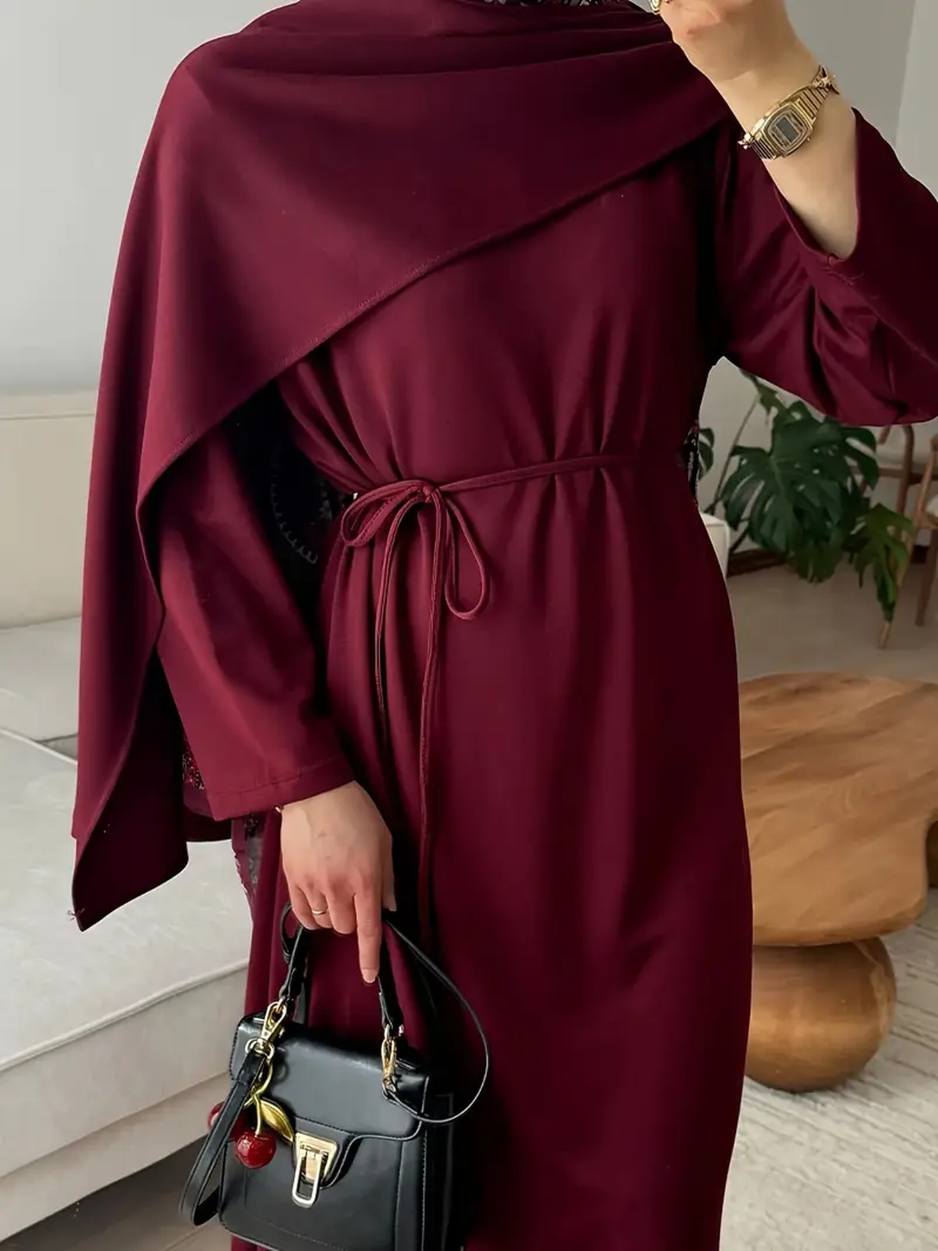 Robe longue élégante décontractée pour femmes, style musulman, couleur unie, manches longues, à lacets, jupe longue