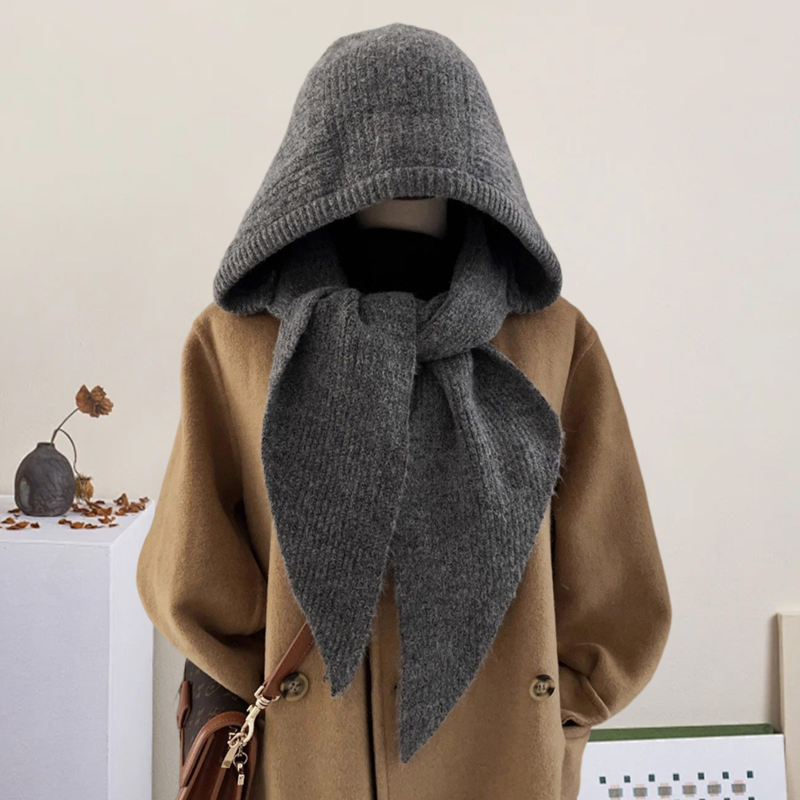 Chapeau Skullies tricoté côtelé pour femmes avec écharpe, écharpe à capuche élégante de couleur unie pour l'hiver, le printemps et l'automne