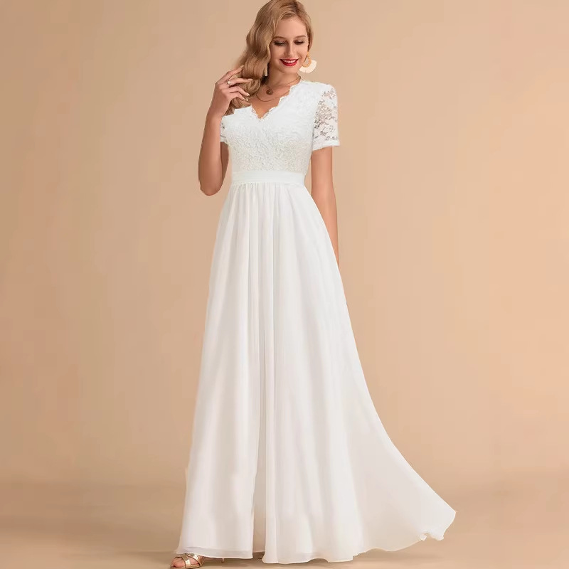 Robe longue en dentelle et mousseline de soie à col en V, robe de soirée, robes maxi fluides pour le printemps et l'été