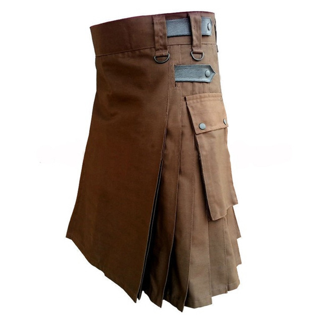 Kilt écossais plissé vintage en coton marron pour homme, style gothique, avec poche cargo, pour costumes de cosplay punk