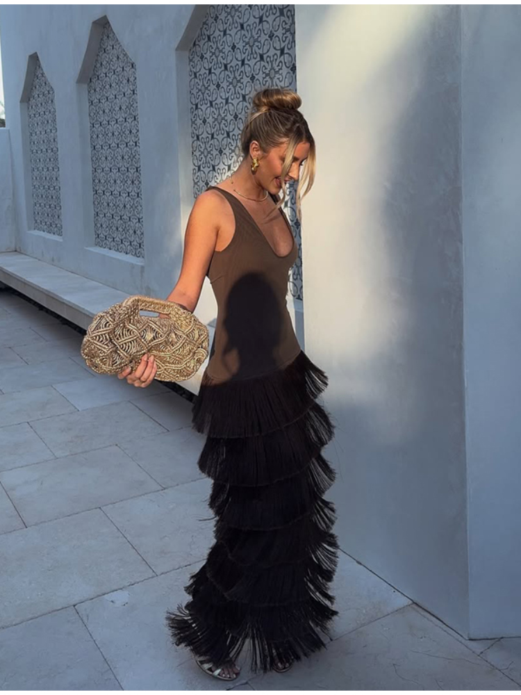 Robe longue moulante sexy à franges et patchwork pour femme, élégante, col en U, sans manches, dos nu, collection été 2026, idéale pour les soirées