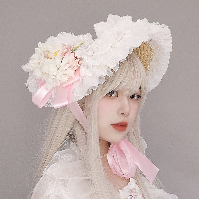 Chapeau plat Lolita en paille tressée élégante avec nœud floral, style pastoral, pour mariage, thé, fête, avec dentelle, style français éclatant, bonnet d'été, Gorra