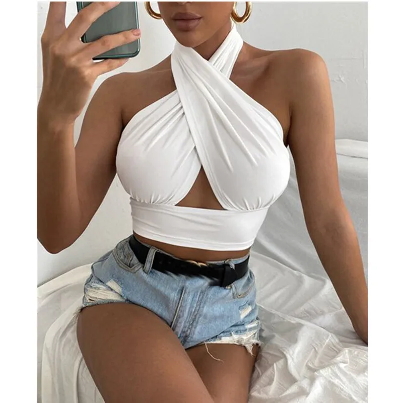 Camisole dos nu croisé pour femme, caraco licou, haut court, précieux, monochromatique, streetwear en fibre mince, été