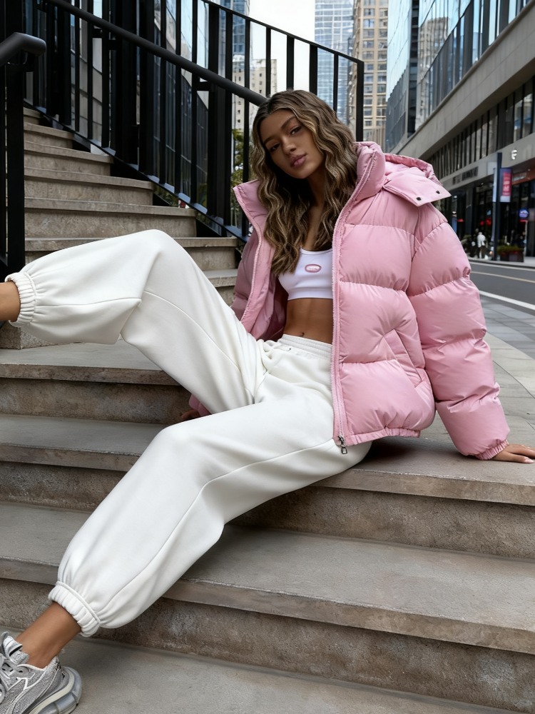 Doudoune d'hiver pour femme, couleur unie, rembourrée à capuche, col montant, manches lanternes, manteau à fermeture éclair, nouveaux vêtements d'extérieur, automne 2025