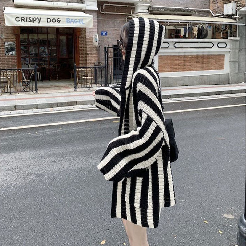 Cardigan rayé à manches longues pour femmes, pulls à capuche épissés, vêtements décontractés coréens, automne et hiver
