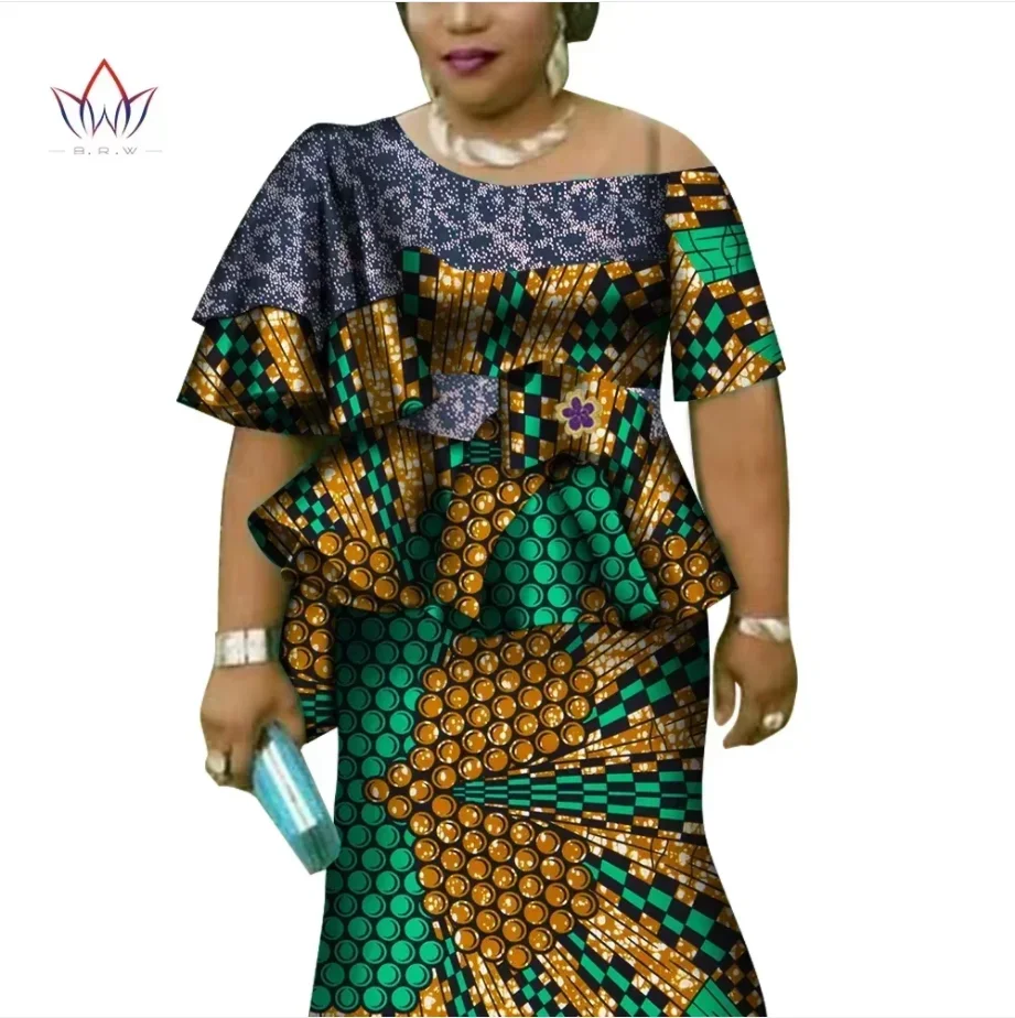 Ensembles hauts et jupe imprimés à manches à volants africains pour femmes Bazin Riche vêtements africains 2 pièces ensembles de jupes personnalisés WY4392