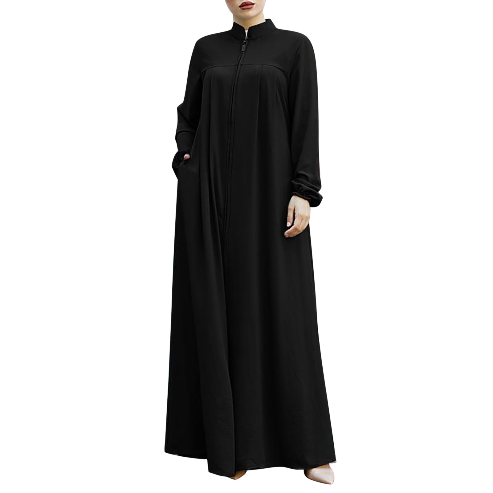 Abayas surdimensionnées pour femmes, robe musulmane avec fermeture éclair sur le devant, avec poches, col montant, vêtements islamiques solides, Jilbab ample