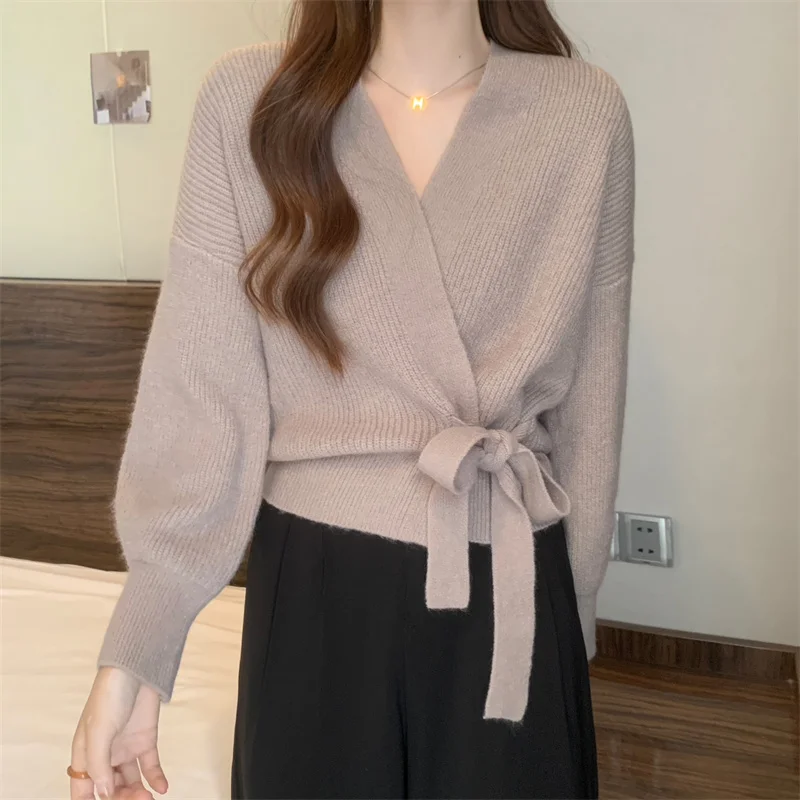 Cardigan portefeuille tricoté pour femmes, avec cravate latérale, surplis sur le devant, veste pull, automne hiver, mode élégante pour dames