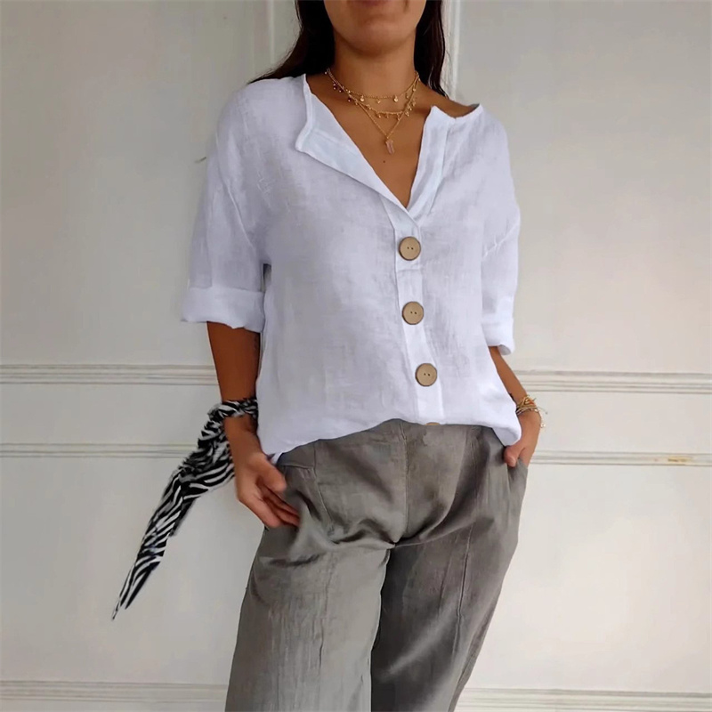 Chemise ample d'été pour femmes, col en v, coton et lin, boutons, chemises décontractées, couleur unie, mode élégante, vêtements de bureau pour femmes, chemisier 2025